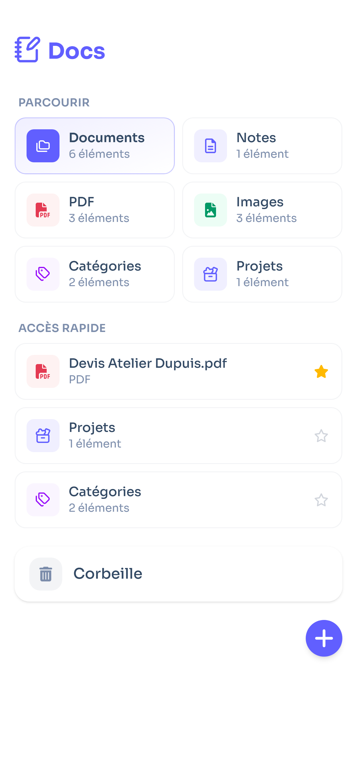Application mobile Flots : import de photo et Parcourir par type dans l'espace Documents