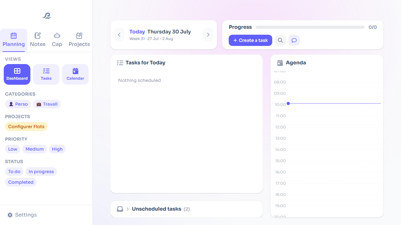 Flots' Planning dashboard bringing today's tasks and calendar together in one place
