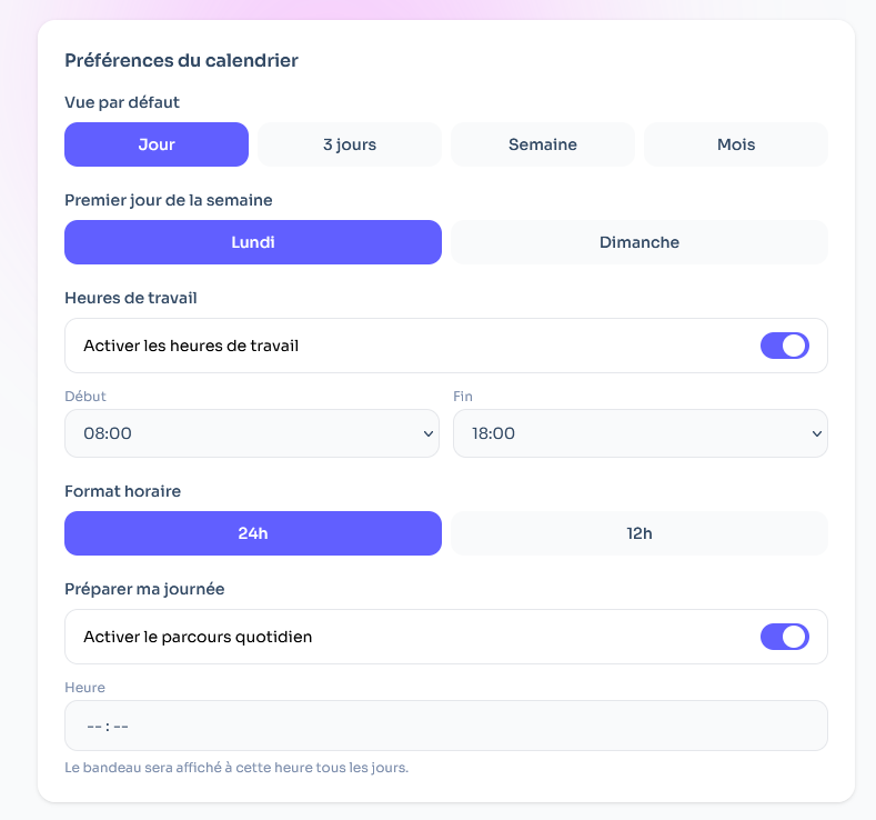 Réglage des horaires de travail dans Flots pour adapter l'agenda à vos disponibilités