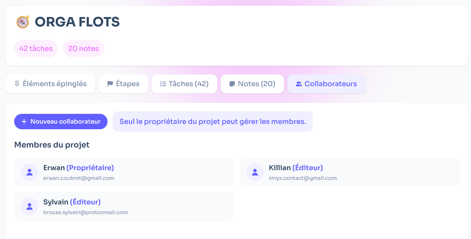 Collaboration sur un projet Flots avec partage de notes et assignation de tâches aux membres